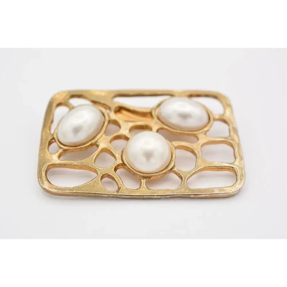 Vintage Rectangle Filigree Pin Brooch White Pearl Gold Tone 90s 1990s BinAT